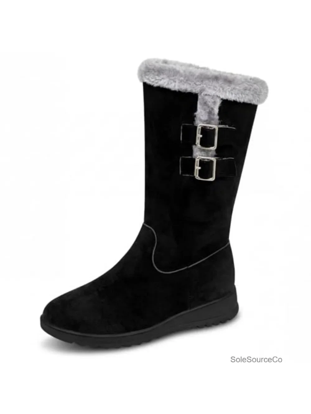 Women's Mid-Calf Snow Boots Faux Suede Double Buckle Slip-On Winter